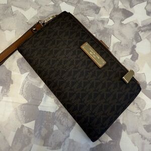 Michael Kors Black and Brown Wristlet with Gold Details